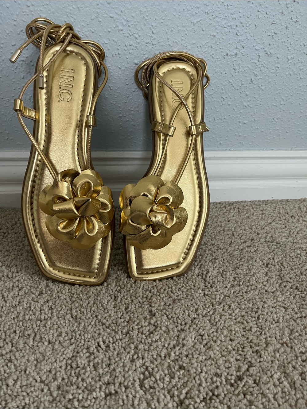 INC International Concepts Metallic Gold Floral Toe-Post Sandals with Ankle Wrap - Picture 2 of 3